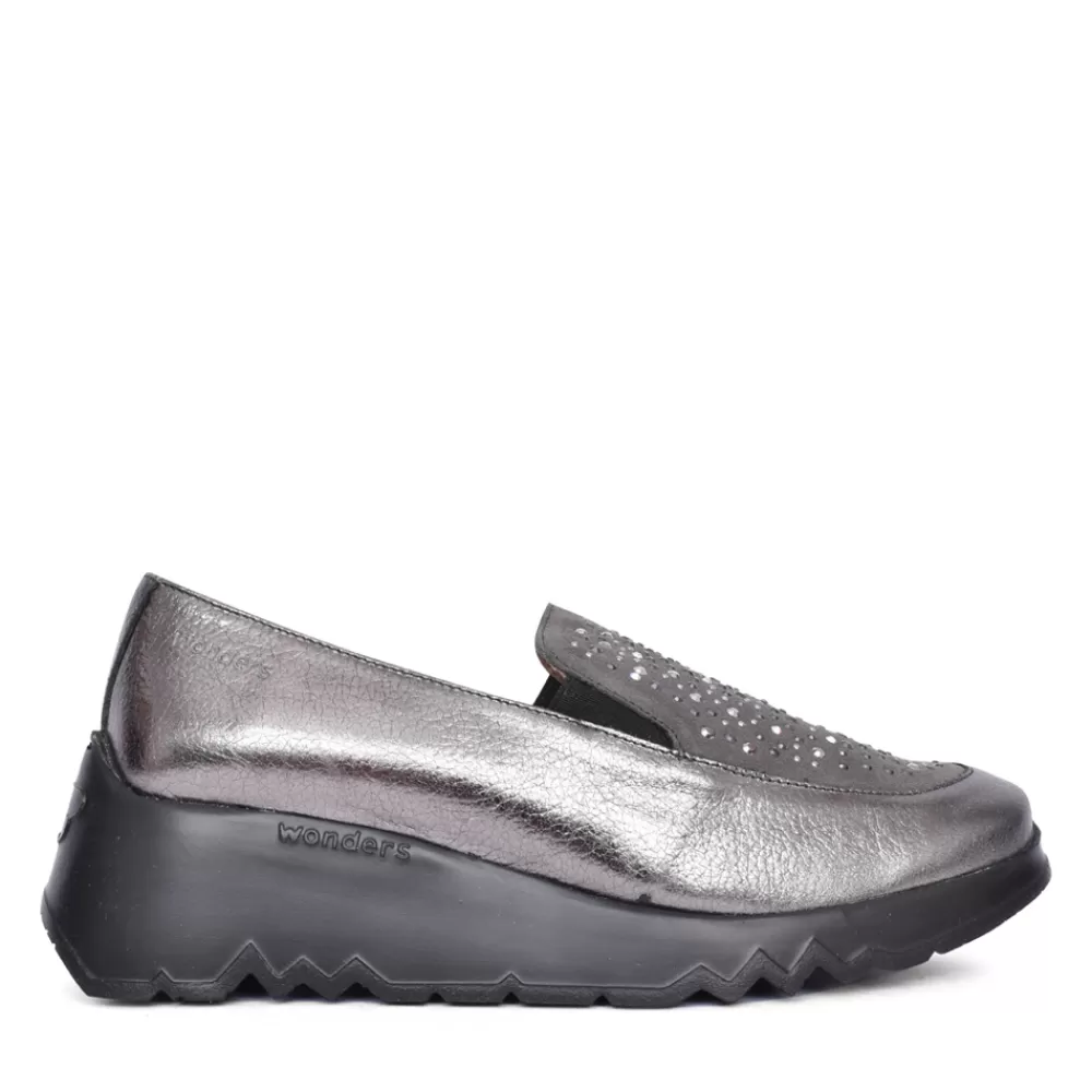 Ladies WONDERS Ladies E-6733 Wedge Slip-On Shoe In Pewter