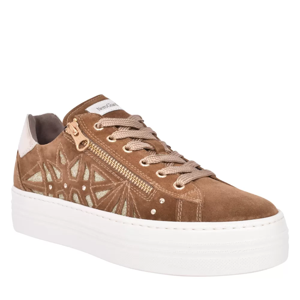 Ladies NEROGIARDINI Ladies I308411D Laced Trainer In Brown