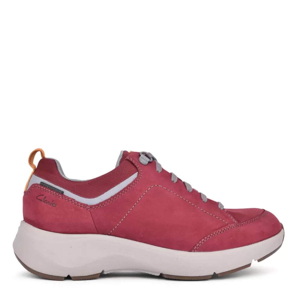 Ladies CLARKS Ladies Wave 2.0 Waterproof D-Fit Trainer In Wine