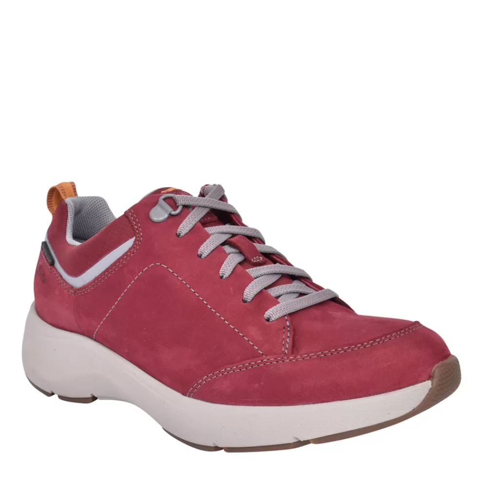 Ladies CLARKS Ladies Wave 2.0 Waterproof D-Fit Trainer In Wine