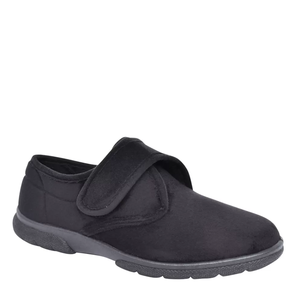 Mens EASY B Mens Daniel 2V Extra Wide Velcro Slipper In Black